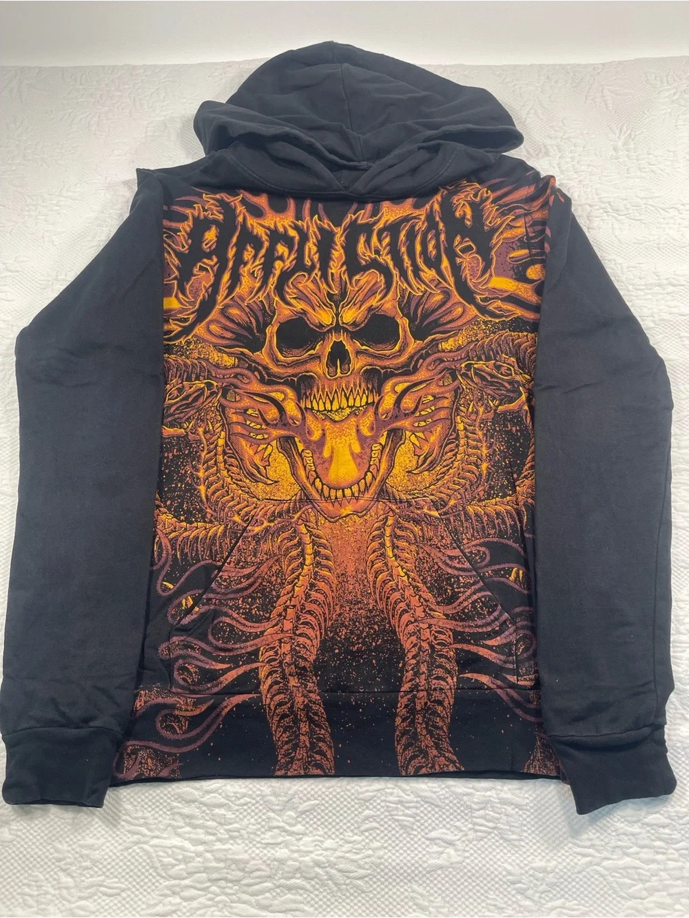 True Religion Black Hoodie with Fiery Orange Skull Graphic